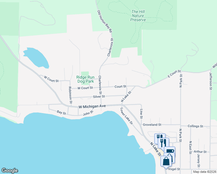 map of restaurants, bars, coffee shops, grocery stores, and more near 501 Court Street in Boyne City