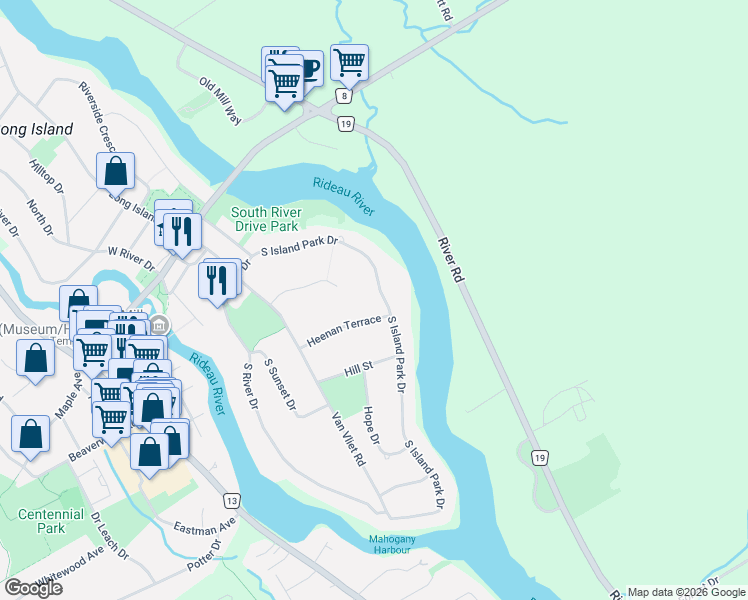 map of restaurants, bars, coffee shops, grocery stores, and more near 5558 South Island Park Drive in Ottawa