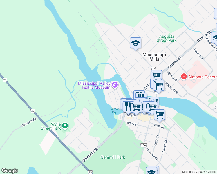 map of restaurants, bars, coffee shops, grocery stores, and more near 1 Rosamond Street East in Mississippi Mills