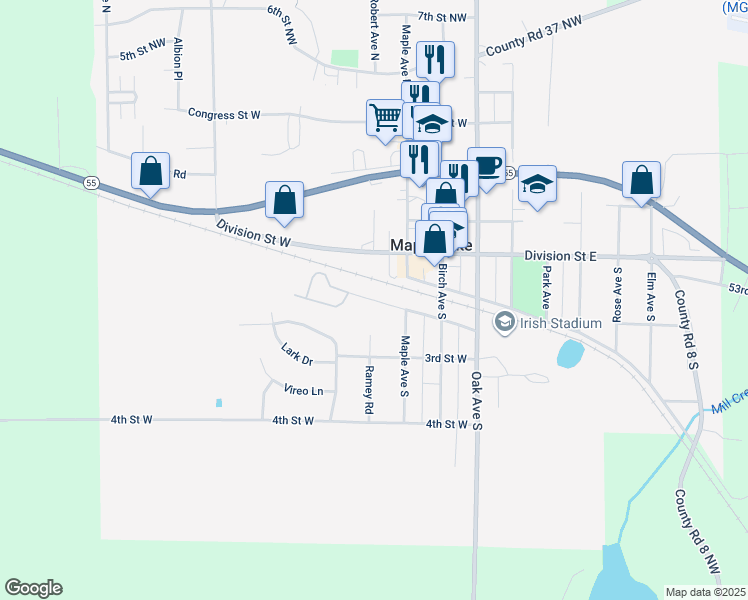 map of restaurants, bars, coffee shops, grocery stores, and more near 2nd Street West in Maple Lake