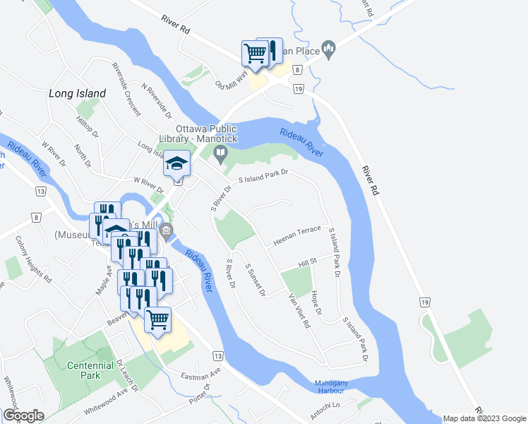 map of restaurants, bars, coffee shops, grocery stores, and more near 1056 Brandywine Court in Ottawa