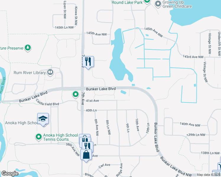 map of restaurants, bars, coffee shops, grocery stores, and more near Bunker Lake Blvd in Andover
