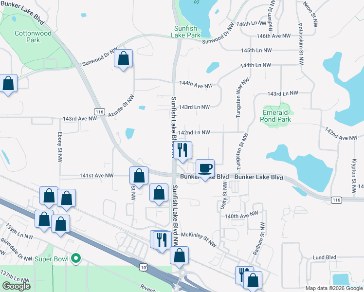 map of restaurants, bars, coffee shops, grocery stores, and more near 14210 Xenon Street Northwest in Ramsey