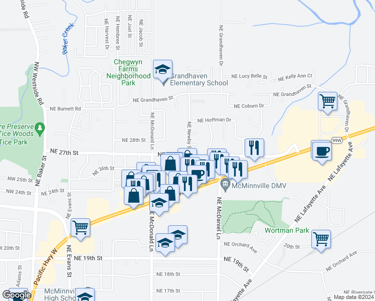 map of restaurants, bars, coffee shops, grocery stores, and more near 1399 Northeast 27th Street in McMinnville