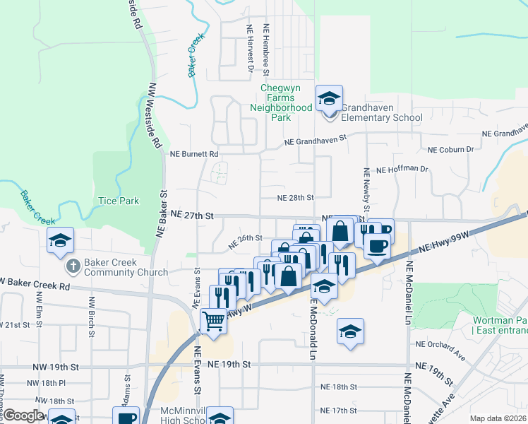 map of restaurants, bars, coffee shops, grocery stores, and more near 810 Northeast 27th Street in McMinnville