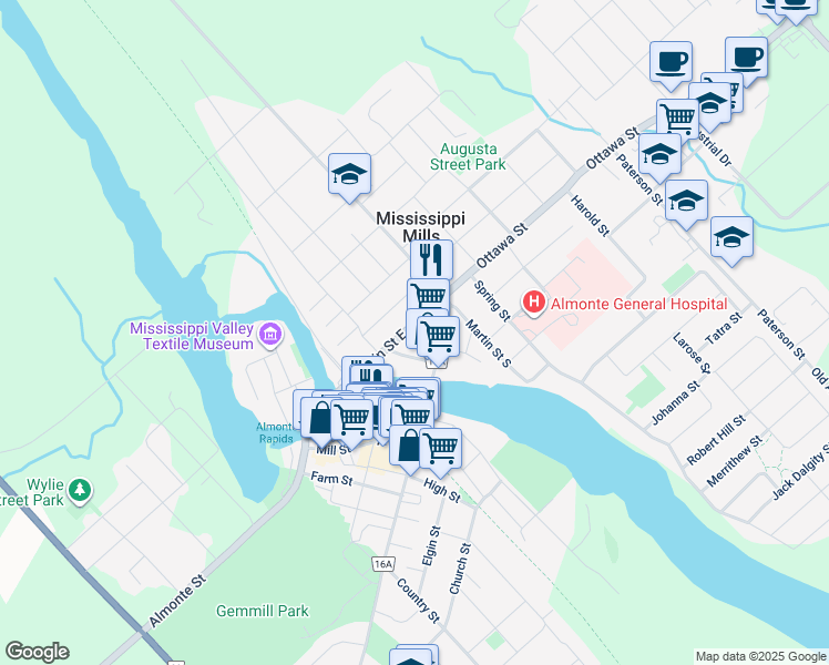 map of restaurants, bars, coffee shops, grocery stores, and more near 31 Union Street South in Mississippi Mills