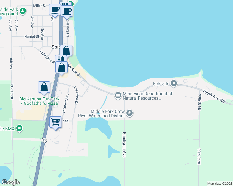 map of restaurants, bars, coffee shops, grocery stores, and more near 223 Lake Avenue South in Spicer