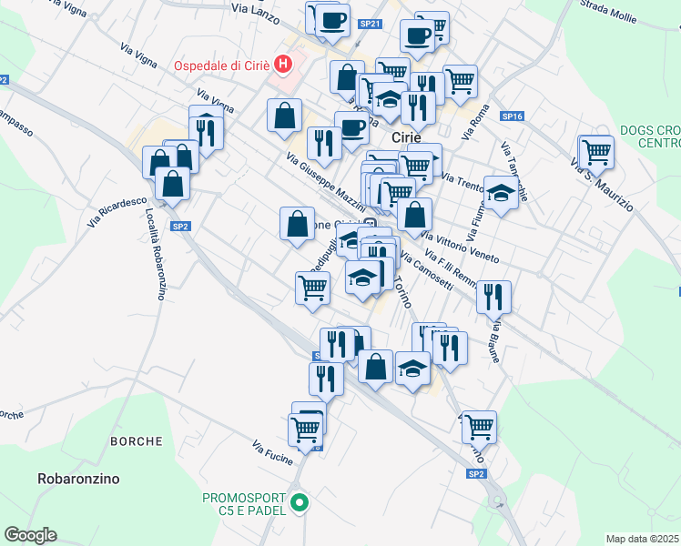 map of restaurants, bars, coffee shops, grocery stores, and more near 10 Via della Repubblica in Ciriè