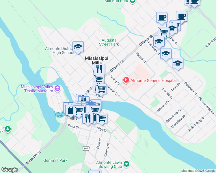 map of restaurants, bars, coffee shops, grocery stores, and more near 32 Martin Street South in Mississippi Mills