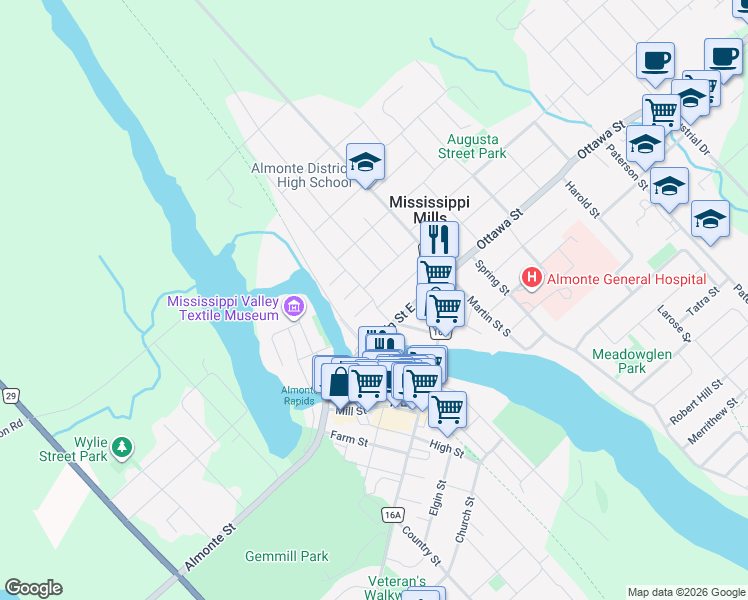 map of restaurants, bars, coffee shops, grocery stores, and more near 31 Union Street North in Mississippi Mills