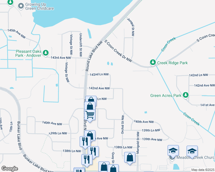 map of restaurants, bars, coffee shops, grocery stores, and more near 14206 Quay Street Northwest in Andover