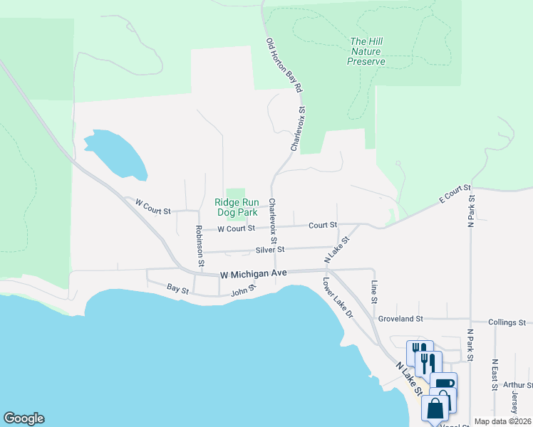 map of restaurants, bars, coffee shops, grocery stores, and more near 501-599 Court Street in Boyne City