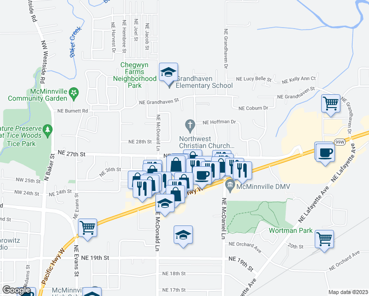 map of restaurants, bars, coffee shops, grocery stores, and more near 1310 Northeast 27th Street in McMinnville