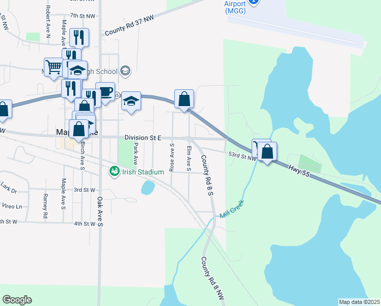map of restaurants, bars, coffee shops, grocery stores, and more near 40 Elm Avenue North in Maple Lake