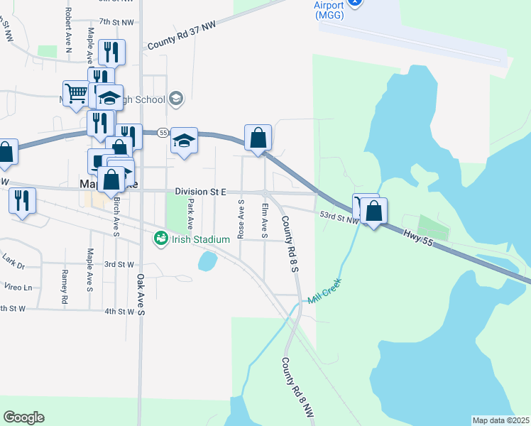 map of restaurants, bars, coffee shops, grocery stores, and more near 40 Elm Avenue North in Maple Lake