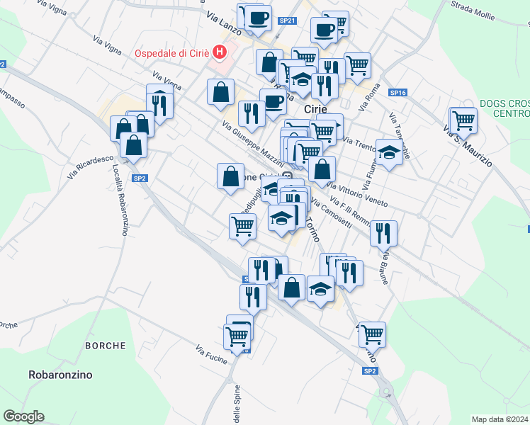 map of restaurants, bars, coffee shops, grocery stores, and more near 10 Via della Repubblica in Ciriè