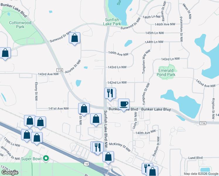 map of restaurants, bars, coffee shops, grocery stores, and more near 14220 Xenon Street Northwest in Ramsey