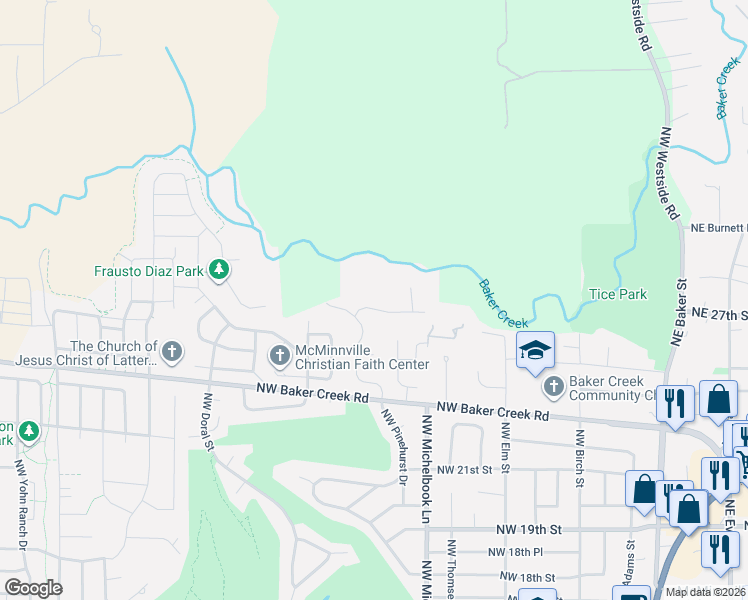 map of restaurants, bars, coffee shops, grocery stores, and more near 1081 Northwest Baker Crest Court in McMinnville