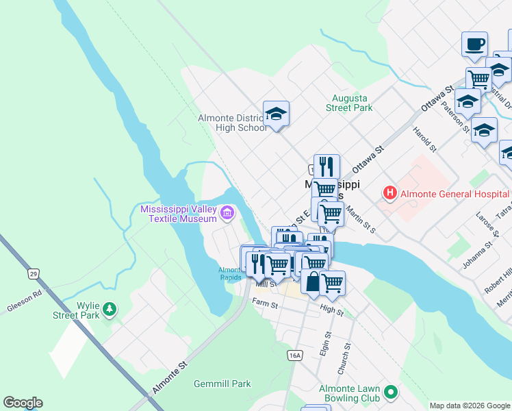 map of restaurants, bars, coffee shops, grocery stores, and more near 38 Cameron Street in Mississippi Mills