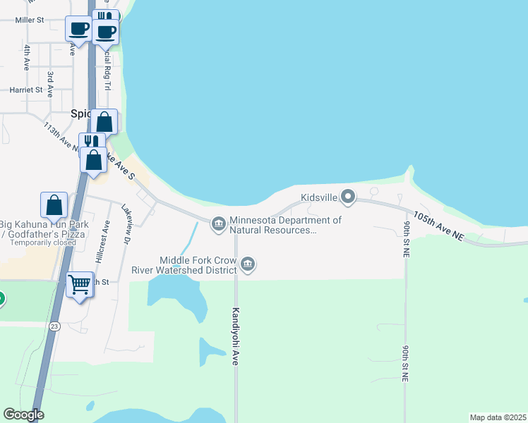map of restaurants, bars, coffee shops, grocery stores, and more near 279 Lake Avenue South in Spicer