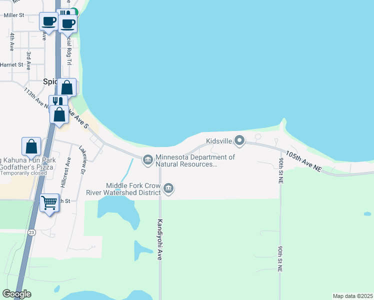 map of restaurants, bars, coffee shops, grocery stores, and more near 279 Lake Avenue South in Spicer