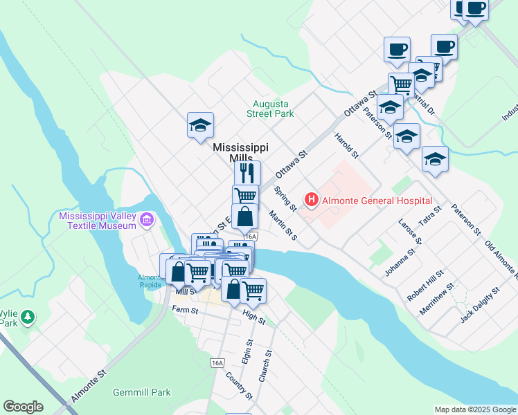 map of restaurants, bars, coffee shops, grocery stores, and more near 7 Martin Street South in Mississippi Mills