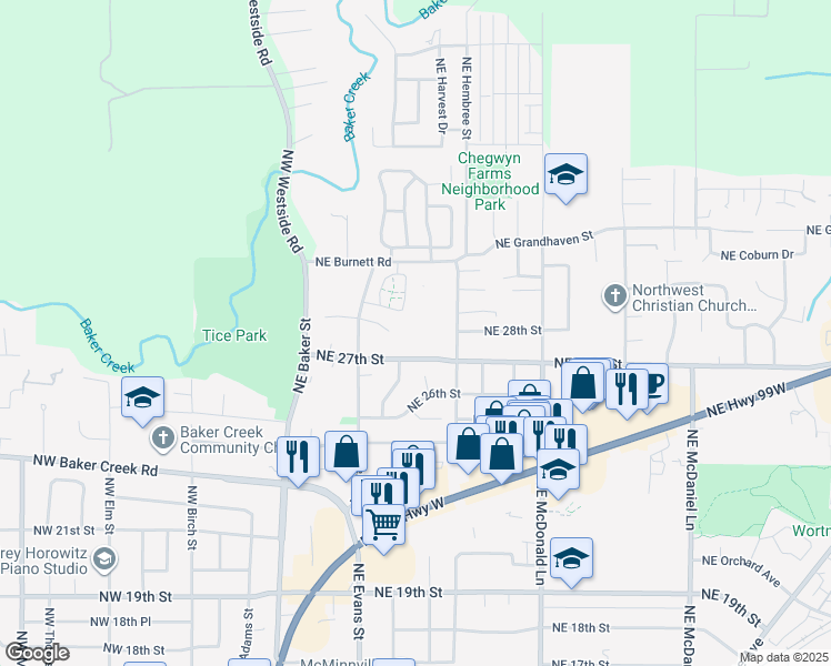 map of restaurants, bars, coffee shops, grocery stores, and more near 721 Northeast 27th Street in McMinnville
