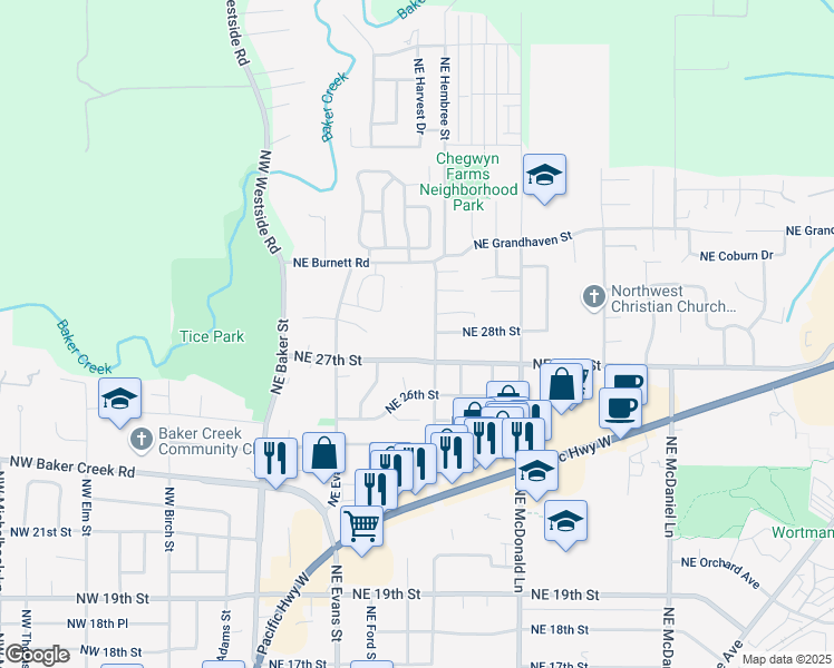 map of restaurants, bars, coffee shops, grocery stores, and more near 775 Northeast 27th Street in McMinnville