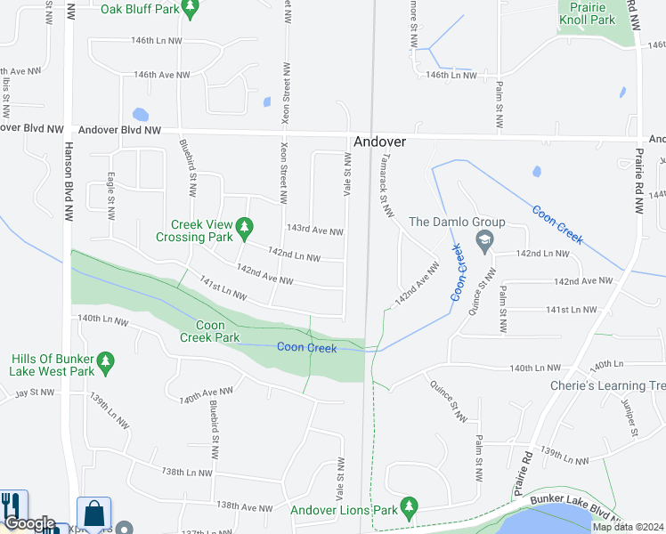 map of restaurants, bars, coffee shops, grocery stores, and more near 1104 142nd Lane Northwest in Andover