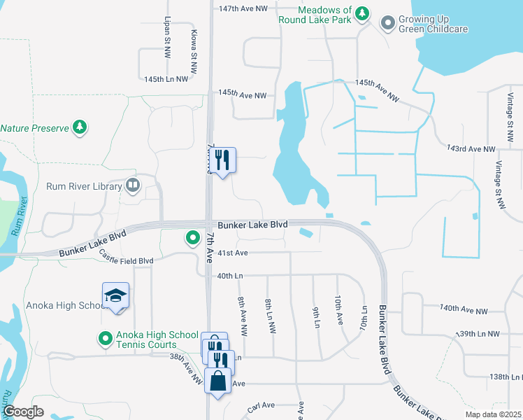 map of restaurants, bars, coffee shops, grocery stores, and more near 14221 Inca Street Northwest in Andover