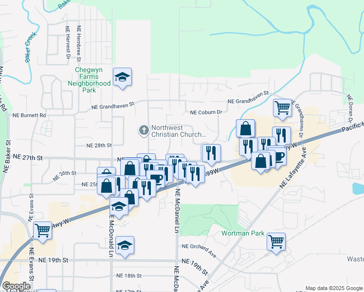 map of restaurants, bars, coffee shops, grocery stores, and more near 2795 Northeast Kimberly Court in McMinnville