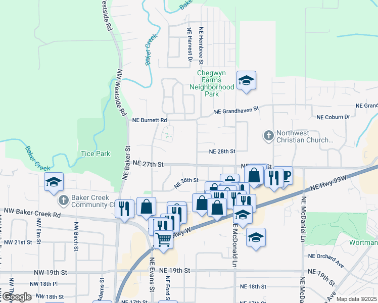 map of restaurants, bars, coffee shops, grocery stores, and more near 775 Northeast 27th Street in McMinnville