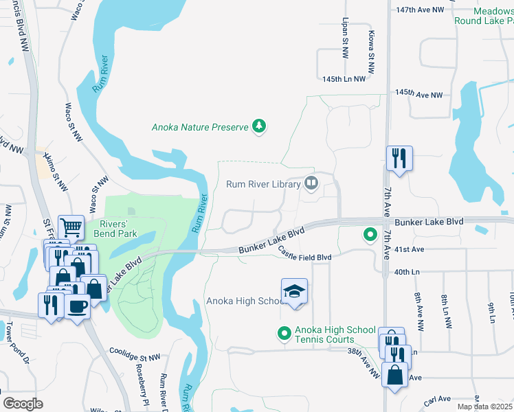 map of restaurants, bars, coffee shops, grocery stores, and more near 415 Riverside Circle in Anoka
