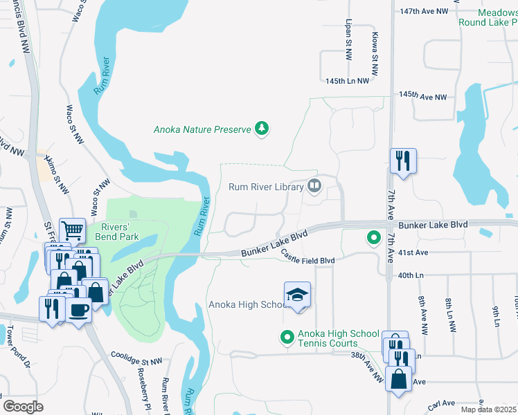 map of restaurants, bars, coffee shops, grocery stores, and more near 415 Riverside Circle in Anoka