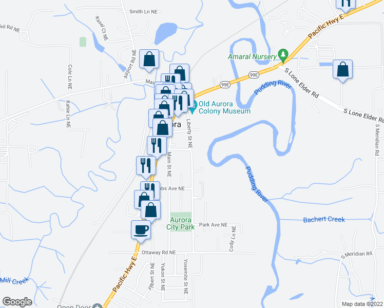 map of restaurants, bars, coffee shops, grocery stores, and more near Liberty Street Northeast in Aurora