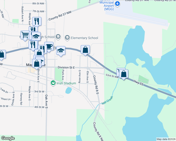map of restaurants, bars, coffee shops, grocery stores, and more near 20 Elm Avenue North in Maple Lake