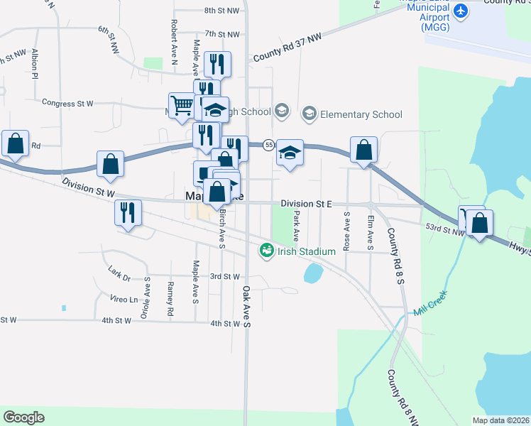 map of restaurants, bars, coffee shops, grocery stores, and more near 28 Ash Avenue South in Maple Lake