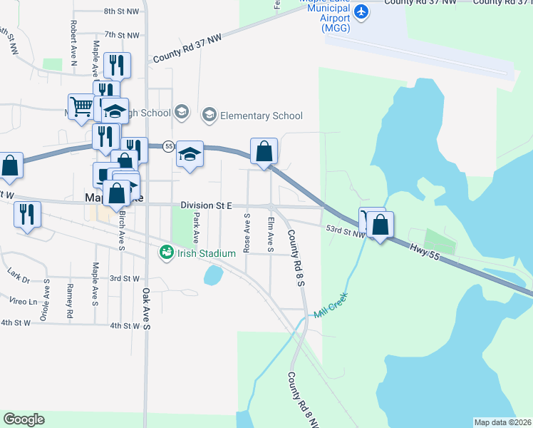 map of restaurants, bars, coffee shops, grocery stores, and more near 20 Elm Avenue North in Maple Lake