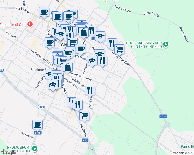map of restaurants, bars, coffee shops, grocery stores, and more near 54 Via Piave in Ciriè