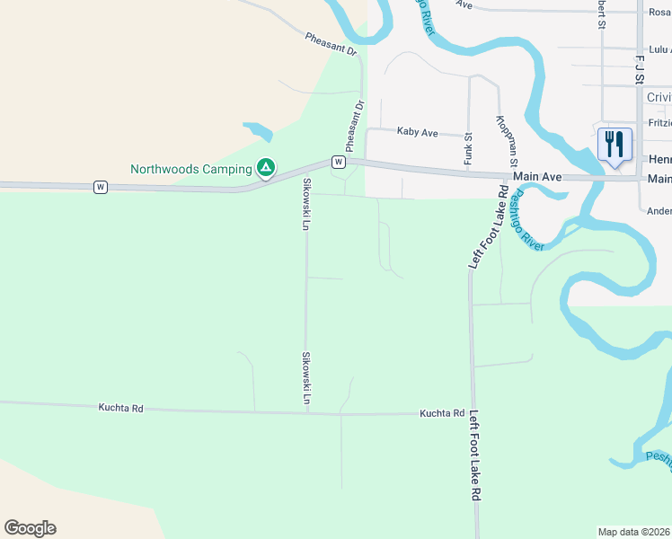 map of restaurants, bars, coffee shops, grocery stores, and more near N7432 Sikowski Lane in Crivitz