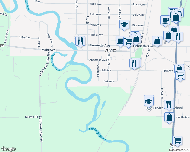 map of restaurants, bars, coffee shops, grocery stores, and more near 305 George Street in Crivitz