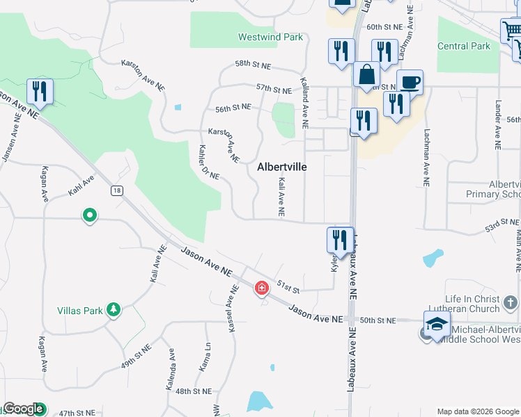 map of restaurants, bars, coffee shops, grocery stores, and more near 5418 Kalenda Drive Northeast in Albertville