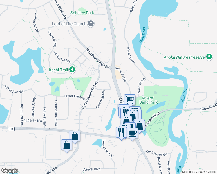 map of restaurants, bars, coffee shops, grocery stores, and more near 5265 142nd Lane Northwest in Ramsey