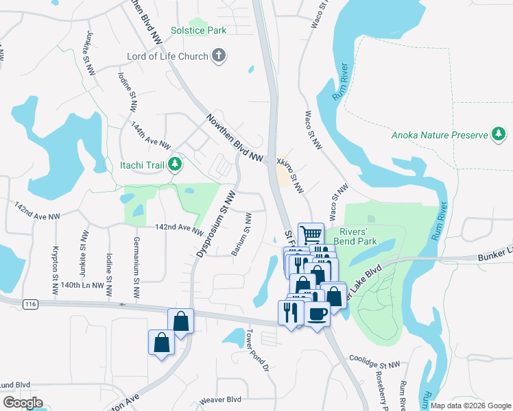 map of restaurants, bars, coffee shops, grocery stores, and more near 5265 142nd Lane Northwest in Ramsey