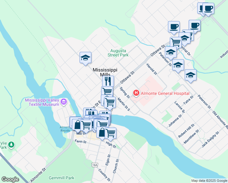 map of restaurants, bars, coffee shops, grocery stores, and more near 7 Martin Street South in Mississippi Mills