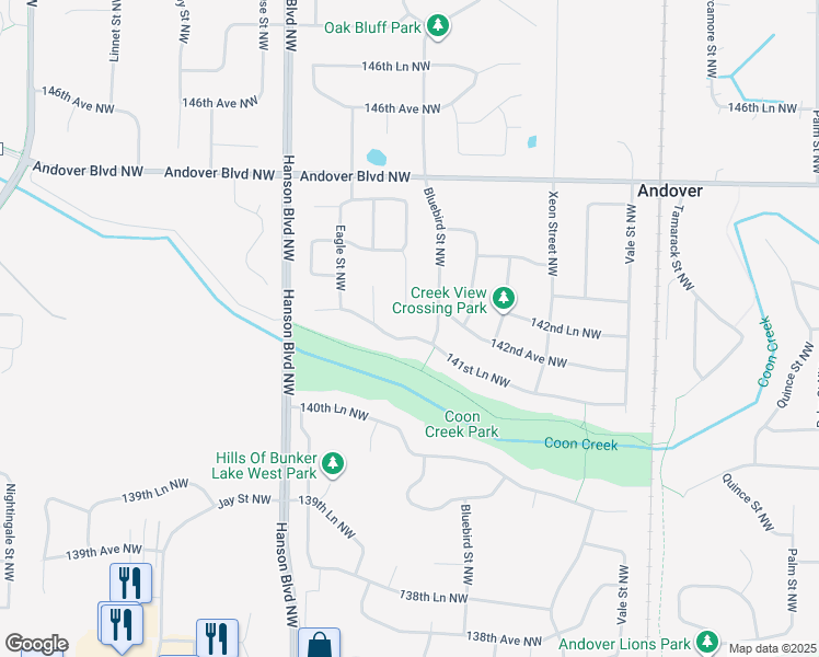 map of restaurants, bars, coffee shops, grocery stores, and more near 1419 141st Lane Northwest in Andover