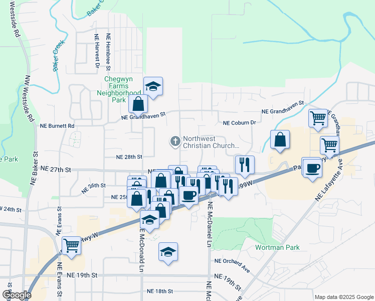 map of restaurants, bars, coffee shops, grocery stores, and more near 1831 Northeast Kristin Court in McMinnville