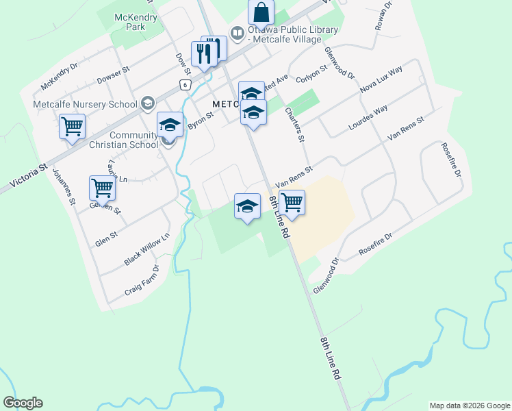 map of restaurants, bars, coffee shops, grocery stores, and more near 2772 8th Line Road in Ottawa