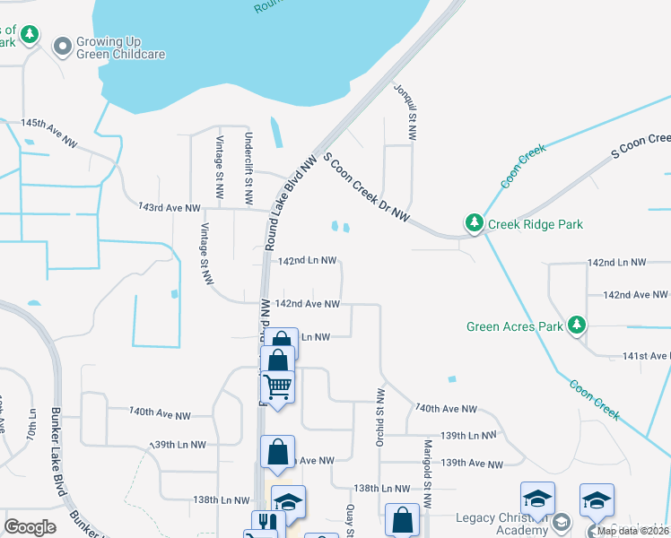 map of restaurants, bars, coffee shops, grocery stores, and more near 3476 142nd Lane Northwest in Andover