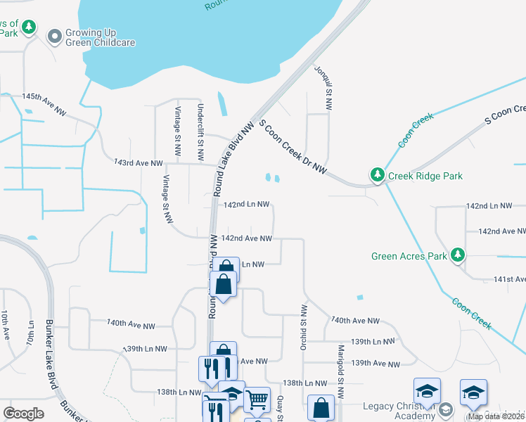 map of restaurants, bars, coffee shops, grocery stores, and more near 3476 142nd Lane Northwest in Andover